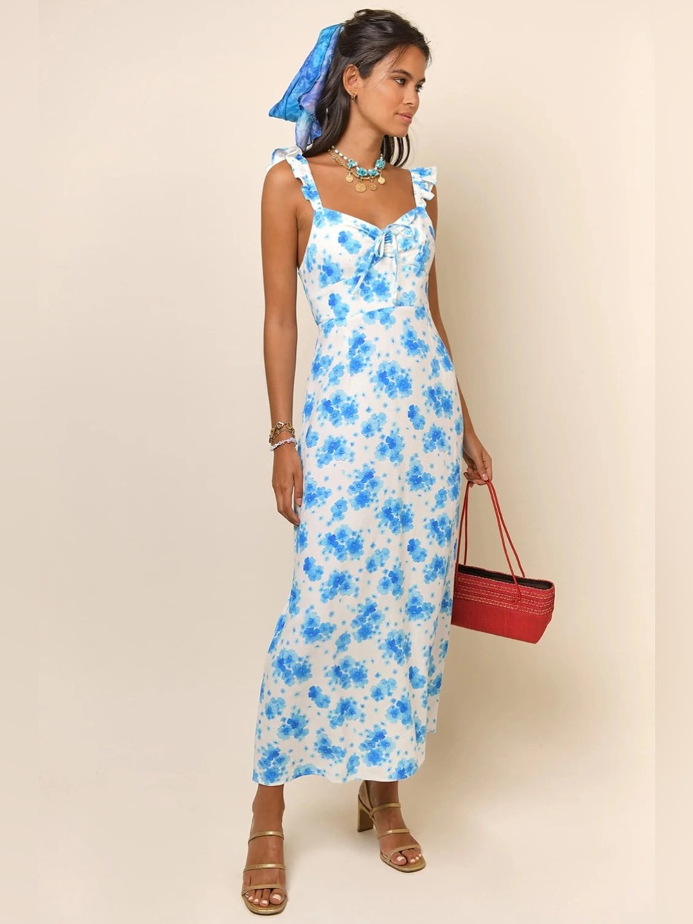 Rixo White Blue Floral Linen Blend Dress S